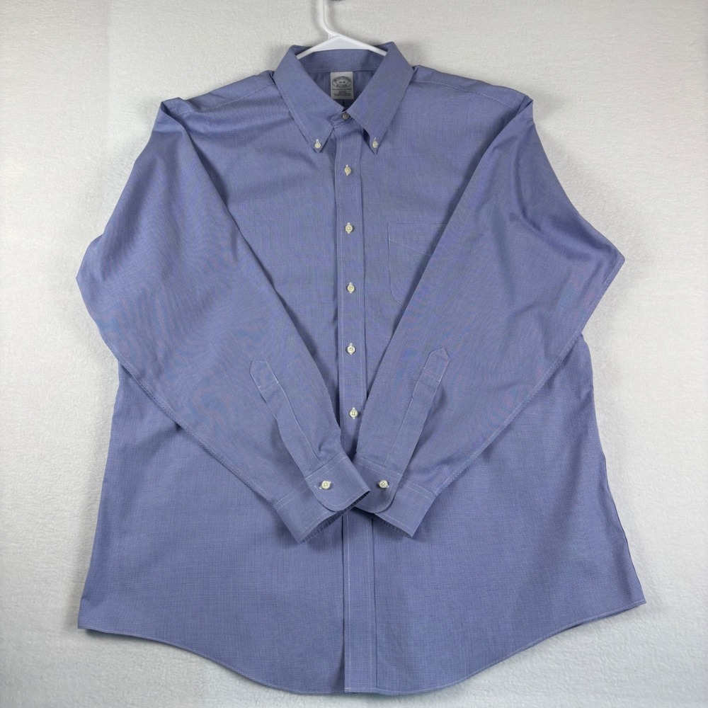 Brooks Brothers Mens 18-36 Slim Fit Blue Check Non-Iron Supima Cotton Dress